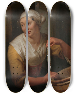 Triptych art skateboard deck of Godfried Schalcken Woman Selling Herrings by Godfried Schalcken (1643-1706)