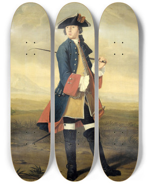 Triptych art skateboard deck of Tibout Regters Portrait Of Ludolf Backhuysen Ii Painter In The Uniform Of The Dragoons by Tibout Regters (1710-1768)