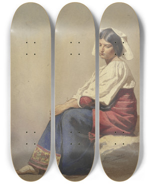 Triptych art skateboard deck of Johann Heinrich Hasselhorst Studie Einer Jungen Sitzenden Italienerin by Johann Heinrich Hasselhorst (1825-1904)