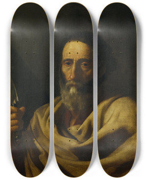 Triptych art skateboard deck of Jusepe De Ribera Saint Bartholomew by Jusepe de Ribera (1591-1652)