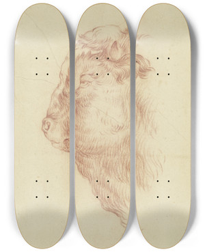 Triptych art skateboard deck of Johann Heinrich Roos Stierkopf Im Profil Nach Links by Johann Heinrich Roos (1631-1685)