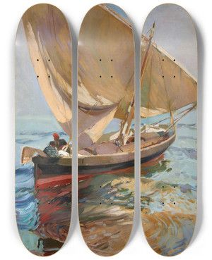 Triptych art skateboard deck of Joaqun Sorolla Camino De La Pesca Valencia Setting Out To Sea Valencia by Joaquin Sorolla (1863-1923)
