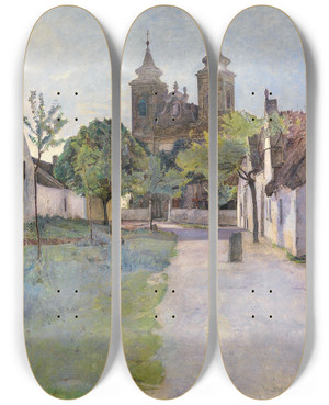 Triptych art skateboard deck of Wilhelm Bernatzik Blick Auf Einen Kirchenvorplatz by Wilhelm Bernatzik (1853-1906)