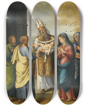 Triptych art skateboard deck of Luca Longhi Thepresentation In The Temple by Luca Longhi (1507-1580)