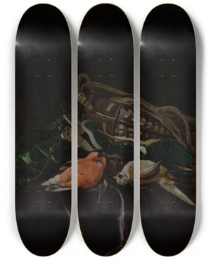 Triptych art skateboard deck of Willem Van Aelst Still Life With Dead Birds And Game Bag by Willem van Aelst (1627-1683)