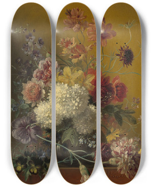 Triptych art skateboard deck of Georgius Jacobus Johannes Van Os Stilleven Met Bloemen by Georgius Jacobus Johannes Van Os (1782-1861)