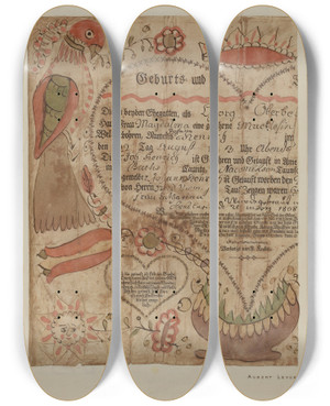 Triptych art skateboard deck of Albert Levone Portion Of Birth Certificate by Albert Levone (20-)