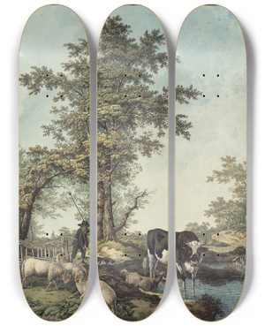 Triptych art skateboard deck of David Humbert De Superville Drie Op Rij Zittende En Twee Staande Figuren In Vertrek by David Humbert De Superville (1770-1849)