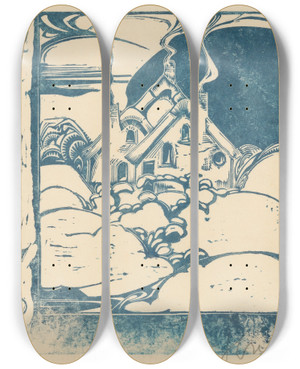 Triptych art skateboard deck of Jac Jongert Huis Met Rokende Schoorstenen In Heuvellandschap by Jac Jongert (1883-1942)