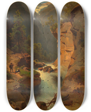 Triptych art skateboard deck of Melchior Fritsch Wasserfall by Melchior Fritsch (1826-1889)