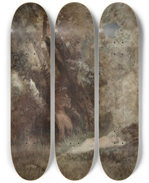 Triptych art skateboard deck of Arnold Bcklin Faun And Nymph In The Woods by Arnold Bocklin (1827-1901)