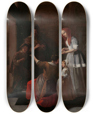 Triptych art skateboard deck of Jacob Ochtervelt The Players by Jacob Ochtervelt (1634-1682)