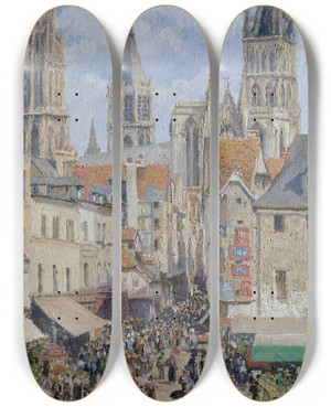 Triptych art skateboard deck of Camille Pissarro Rue De Lpicerie Rouen Effect Of Sunlight_1 by Camille Pissarro (1830-1903)