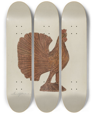 Triptych art skateboard deck of Frank Budash Pa German Toy Rooster by Frank Budash