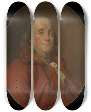 Triptych art skateboard deck of Workshop Of Joseph Siffred Duplessis Benjamin Franklin 17061790 by Workshop Of Joseph Siffred Duplessis (1725-1802)
