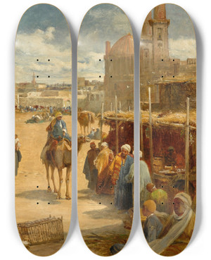 Triptych art skateboard deck of David Bates A Marketplace Cairo by David Bates (1840-1921)