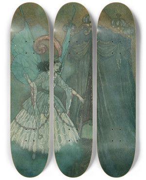 Triptych art skateboard deck of Edmund Dulac He Found Herself Face To Face With A Stately And Beautiful Lady by Edmund Dulac (1882-1953)