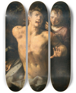 Triptych art skateboard deck of Cornelis Cornelisz Van Haarlem The Flaying Of Marsyas by Cornelis Cornelisz Van Haarlem (1562-1638)