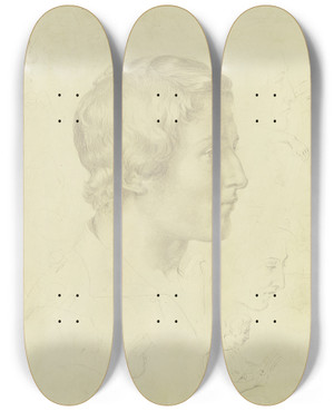 Triptych art skateboard deck of Friedrich Von Nerly Profilkopf Nach Rechts Mit Mehreren Entwrfen by Friedrich Von Nerly (1807-1878)