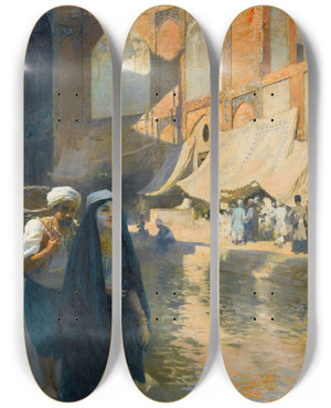 Triptych art skateboard deck of Edwin Lord Weeks Isfahanbazaar by Edwin Lord Weeks (1849-1903)