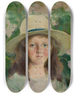 Triptych art skateboard deck of Witold Pruszkowski Portrait Of A Girl In A Hat by Witold Pruszkowski (1846-1896)