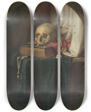 Triptych art skateboard deck of Gyula Benczr Still Life With A Skull And A Book by Gyula Benczur (1844-1920)