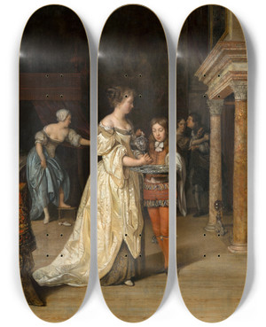 Triptych art skateboard deck of Eglon Van Der Neer Interior With A Woman Washing Her Hands by Eglon van der Neer (1635-1703)