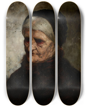 Triptych art skateboard deck of Robert Koehler Head Of An Old Woman by Robert Koehler (1850-1917)