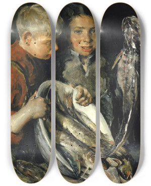 Triptych art skateboard deck of Charles Webster Hawthorne Fisher Children by Charles Webster Hawthorne (1872-1930)
