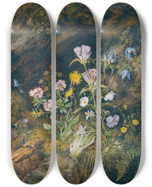 Triptych art skateboard deck of Theodor Petter Alpine Flora by Theodor Petter (1822-1872)