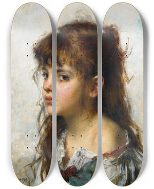 Triptych art skateboard deck of Alexei Harlamoff Portrait Of A Young Girl_3 by Alexei Harlamoff (1840-1925)