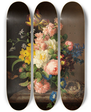 Triptych art skateboard deck of Josef Lauer Blumenstrau Mit Vogelnest Und Schmetterling by Josef Lauer (1818-1881)