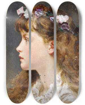 Triptych art skateboard deck of Sophie Anderson A Young Girl With A Garland Of Flowers In Her Hair by Sophie Anderson (1823-1903)