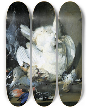 Triptych art skateboard deck of Johann Heinrich Roos Still Life With Dead Poultry by Johann Heinrich Roos (1631-1685)