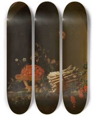Triptych art skateboard deck of Adriaen Coorte Still Life With Fruit And Asparagus by Adriaen Coorte (1660-1707)