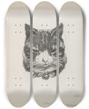 Triptych art skateboard deck of Flix Bracquemond Tte De Chat by Felix Bracquemond (1833-1914)