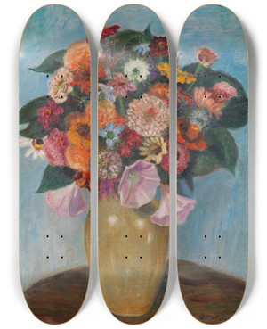 Triptych art skateboard deck of Otto Modersohn Zinnien Und Malven by Otto Modersohn (1865-1943)