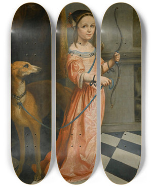 Triptych art skateboard deck of Dutch School Portrait Of A Girl Full Length In A Pink Dress With A Bow And Hound by Dutch School