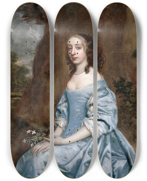 Triptych art skateboard deck of Sir Peter Lely Portrait Of A Lady In Blue Holding A Flower by Sir Peter Lely (1618-1680)