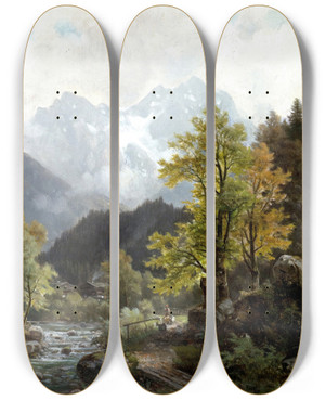 Triptych art skateboard deck of Ludwig Sckell Partie Im Berchtesgadener Land by Ludwig Sckell (1833-1912)