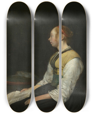 Triptych art skateboard deck of Gerard Ter Borch Seated Girl In Peasant Costume by Gerard Ter Borch (1617-1681)