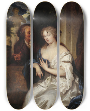 Triptych art skateboard deck of Caspar Netscher Pomona And Vertumnus by Caspar Netscher (1639-1684)