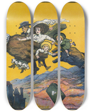 Triptych art skateboard deck of Frank Arthur Nankivell The Tug Of War by Frank Arthur Nankivell (1869-1959)