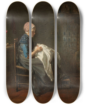 Triptych art skateboard deck of Jozef Israls The Little Seamstress by Jozef Israels (1824-1911)