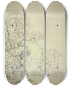 Triptych art skateboard deck of Antonie Waterloo Unter Hohen Bumen Mehrere Htten Am Wasser Mit Felsigem Ufer by Antonie Waterloo (1609-1690)