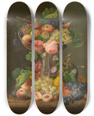 Triptych art skateboard deck of Johann Georg Seitz Frchtestillleben by Johann Georg Seitz (1810-1870)