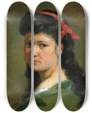 Triptych art skateboard deck of Vlaho Bukovac Portrait Of A Lady With Red Hairband_2 by Vlaho Bukovac (1855-1922)