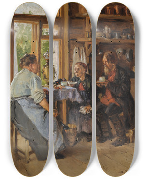 Triptych art skateboard deck of Vladimir Egorovich Makovsky Visiting The Cook by Vladimir Egorovich Makovsky (1846-1920)