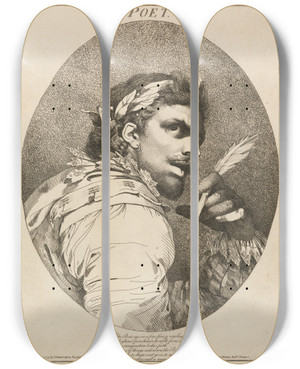 Triptych art skateboard deck of John Hamilton Mortimer Poet From A Midsummer Nights Dream Act V Scene I by John Hamilton Mortimer (1740-1779)