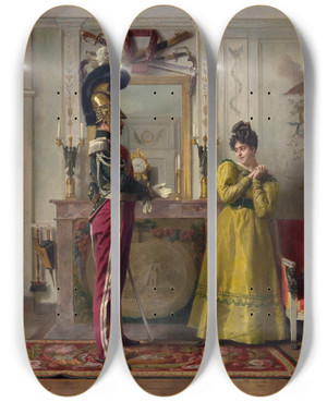 Triptych art skateboard deck of Jules Worms Departure For The Review by Jules Worms (1832-1924)